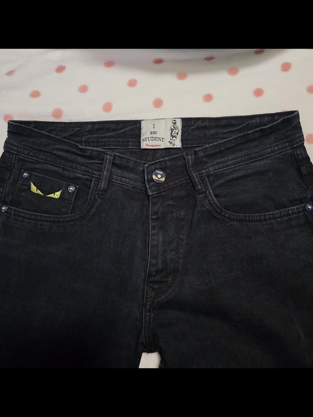 Fendi Black Slim Straight Men’s Jeans with Subtle Monster Eye Detail
